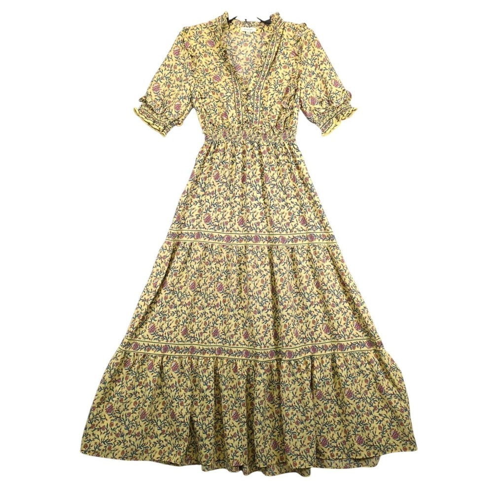 MAX Studio Yellow Floral‎ Prairie Maxi Dress Sz M Cottagecore Boho Tiered